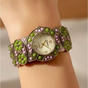 VTG ~ Vivani Elegant Quartz Cuff Bracelet Watch with Green and Pink Accents